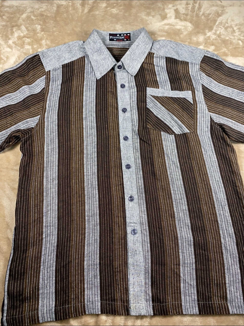 Royal Prestige Linen Striped Brown & Gray Casual Button-Down Shirt